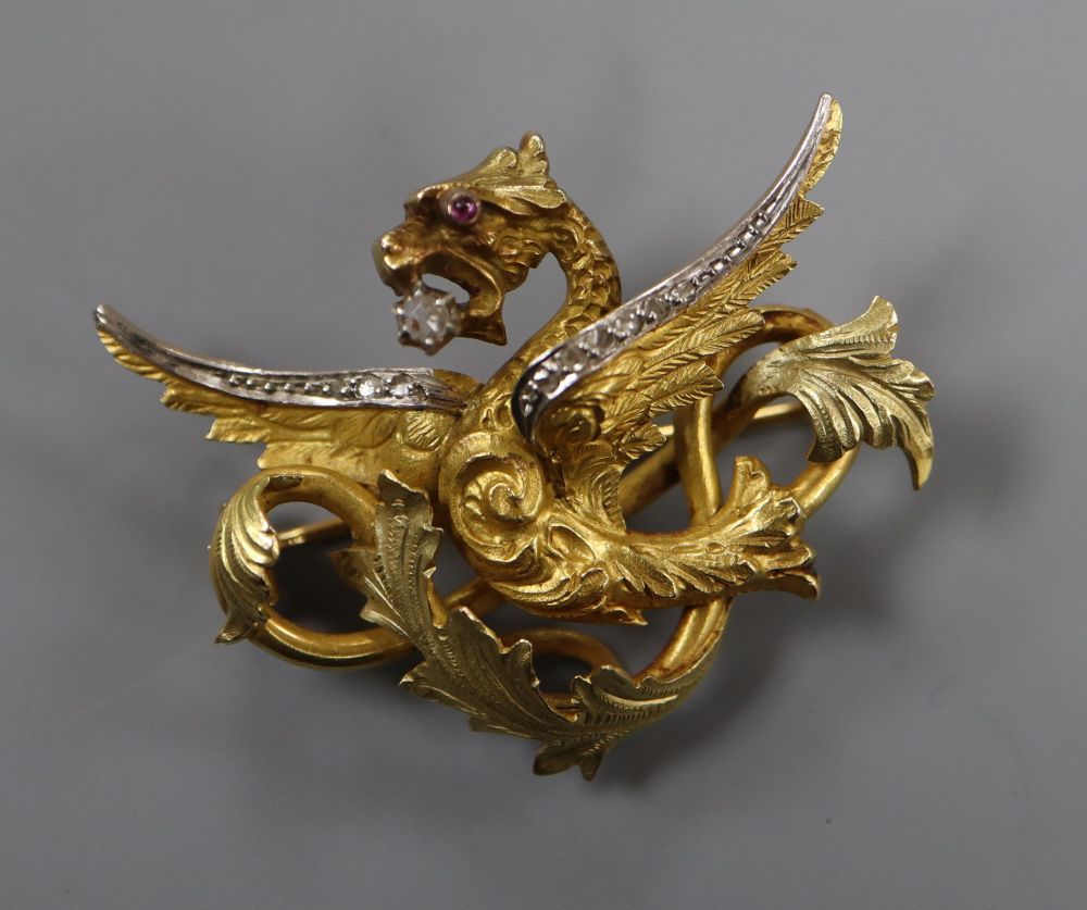 A 19th century French two colour yellow metal and diamond chip set dragon brooch,